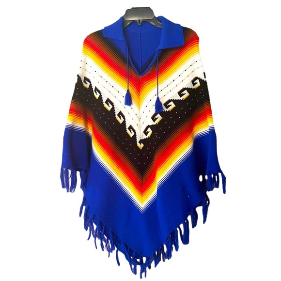 Vintage Sweaters - VINTAGE 70’s blue fringe poncho